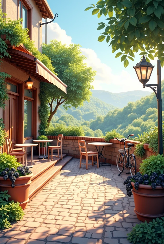 Sunny day on a terrace with decorative plants ; empty chairs and tables ; bike parked next door ; road built with cobblestones ; brick blackberries ; clear sky : morning atmosphere ; realistic image 