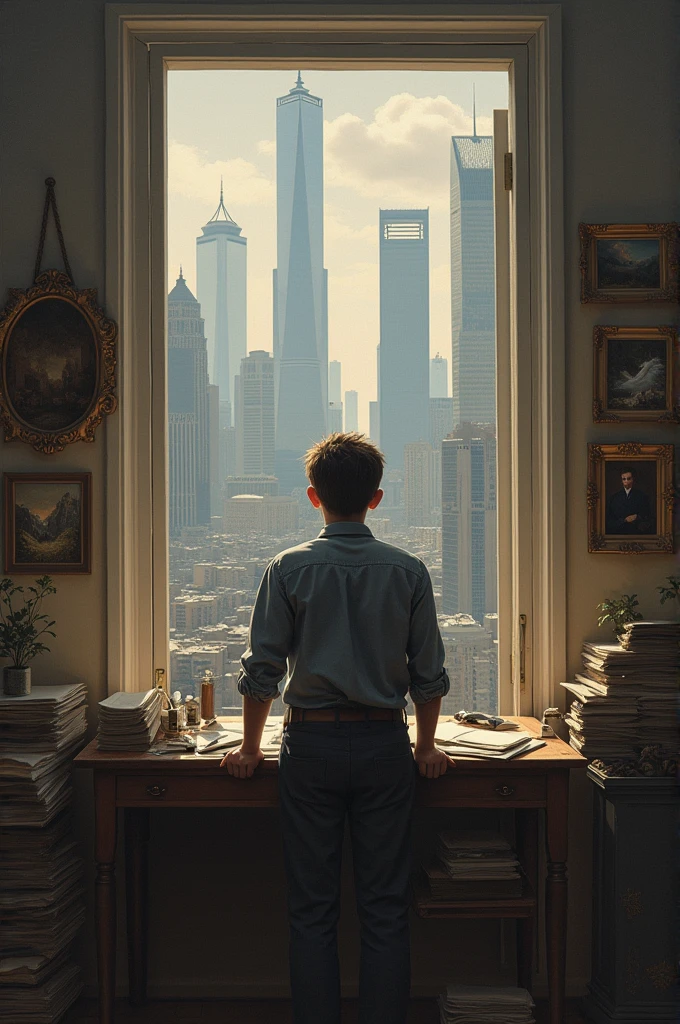 Can you please create a painting that reflects loneliness and the contrast between the powerful, evil people showcasing their wealth and a good young person working alone for his two mothers as an interior designer and their siblings. It should feel like rich people are eating all city and poor people’s are just seeing them and feeling it.