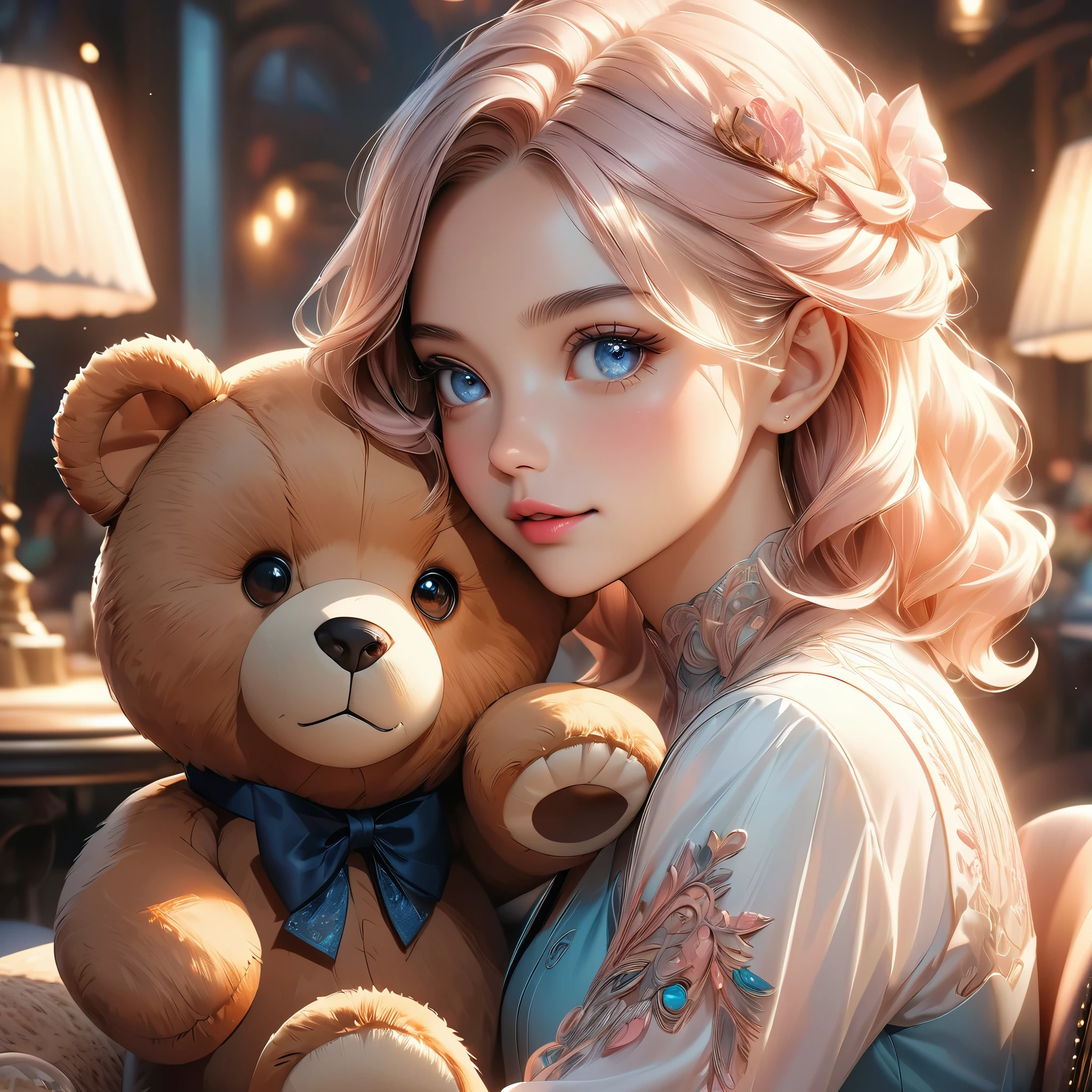 teddy bear plush,1girl,sitting with teddy bear,beautiful detailed eyes,beautiful detailed lips,extremely detailed face,long eyelashes,cute expression,soft warm lighting,warm pastel colors,elegant,whimsical,dreamy,intricate details,high quality,8k,photorealistic,cinematic,masterpiece,digital art