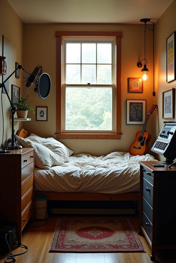 Create a recording studio in a 4x4 room with a bed