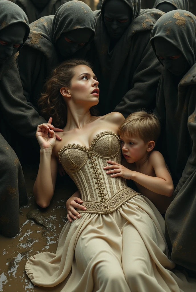 Beautiful mother with corset being held by her young son his hand in her pocket laying down in the mud surrounded by bad men