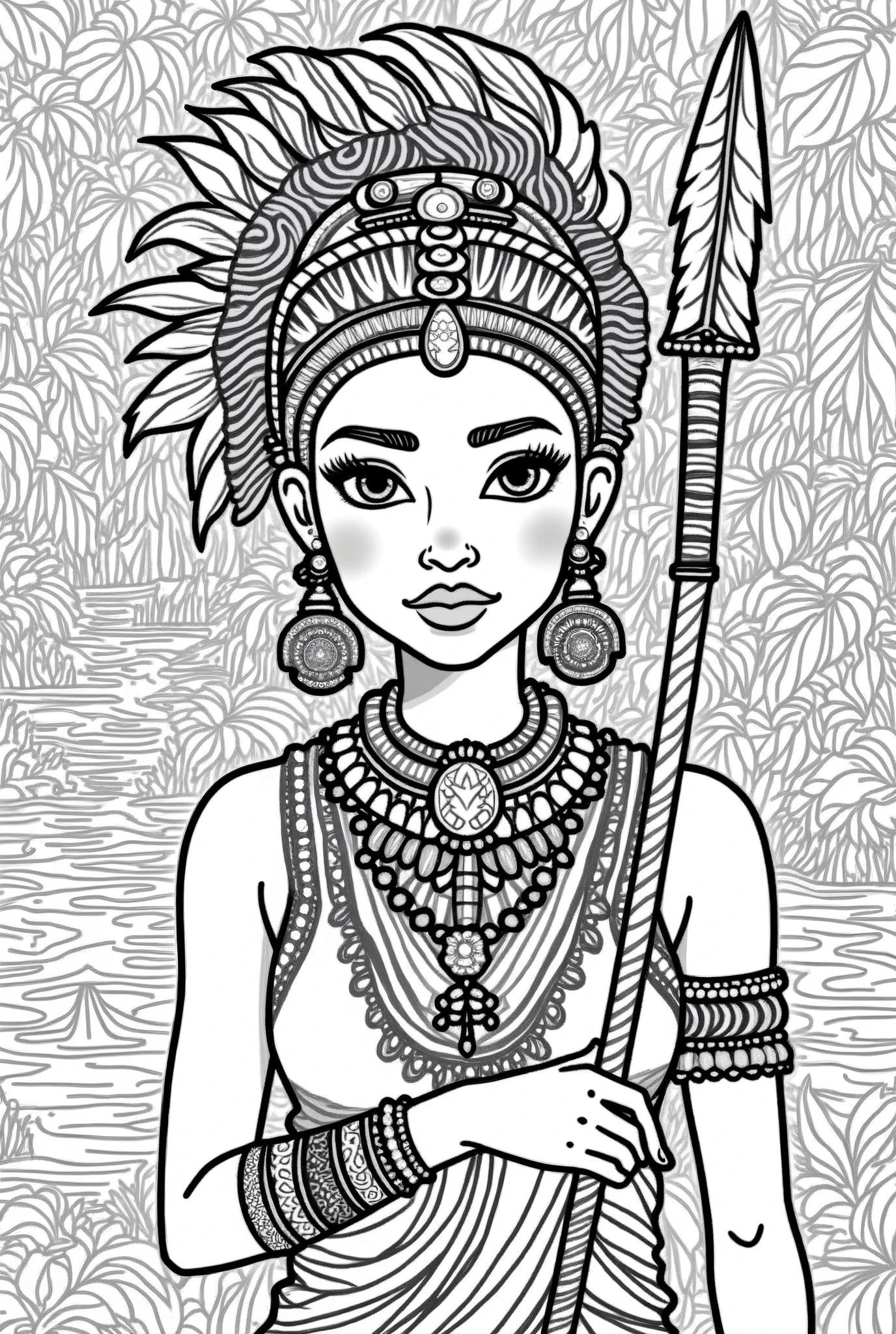 high-resolution line art coloring book page featuring the beautiful Black girl adorned with carib indian carib jewelry and a detailed headdress. The design highlights the patterns and textures, making it perfect for a coloring book., jungle, rivers, waterfal, african, Kalinago princess, spear, kinky hair,