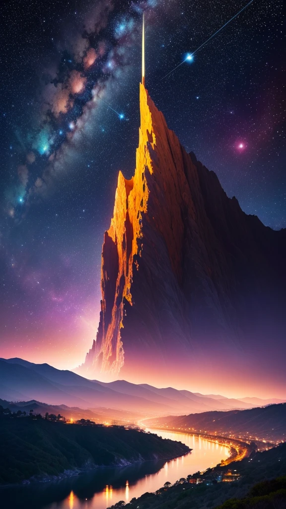 Create an album cover "Cosmic Rhythm" The awe-inspiring beauty of nature and the mystique of the universe come together. Majestic Mountain々meets the vast ocean、Imagine the surreal landscapes of California。, Starry Sky. In the foreground a towering tree々It is depicted, The leaves sparkle like stardust. Use a dark color palette, A rich tone like deep blue, purple, Black, The vivid brightness of celestial bodies stands out. In the sky, Constellations form musical notes and rhythms, Suggesting cosmic influences on music. Surrounded by hills, See the iconic Hollywood sign, Subtly illuminated by the mysterious light of the moon. The scene should evoke a sense of wonder and reflection., The grandeur of California's natural beauty meets the infinite mystery of the universe. Add elements like floating instruments and abstract waveforms that seem to pulse with cosmic energy., Highlight the theme of the album "Cosmic Rhythm."16K, Ultra-high resolution, Ultra-high resolution, to be born,wonderful ,future、Iridescent、The world 30 years from now