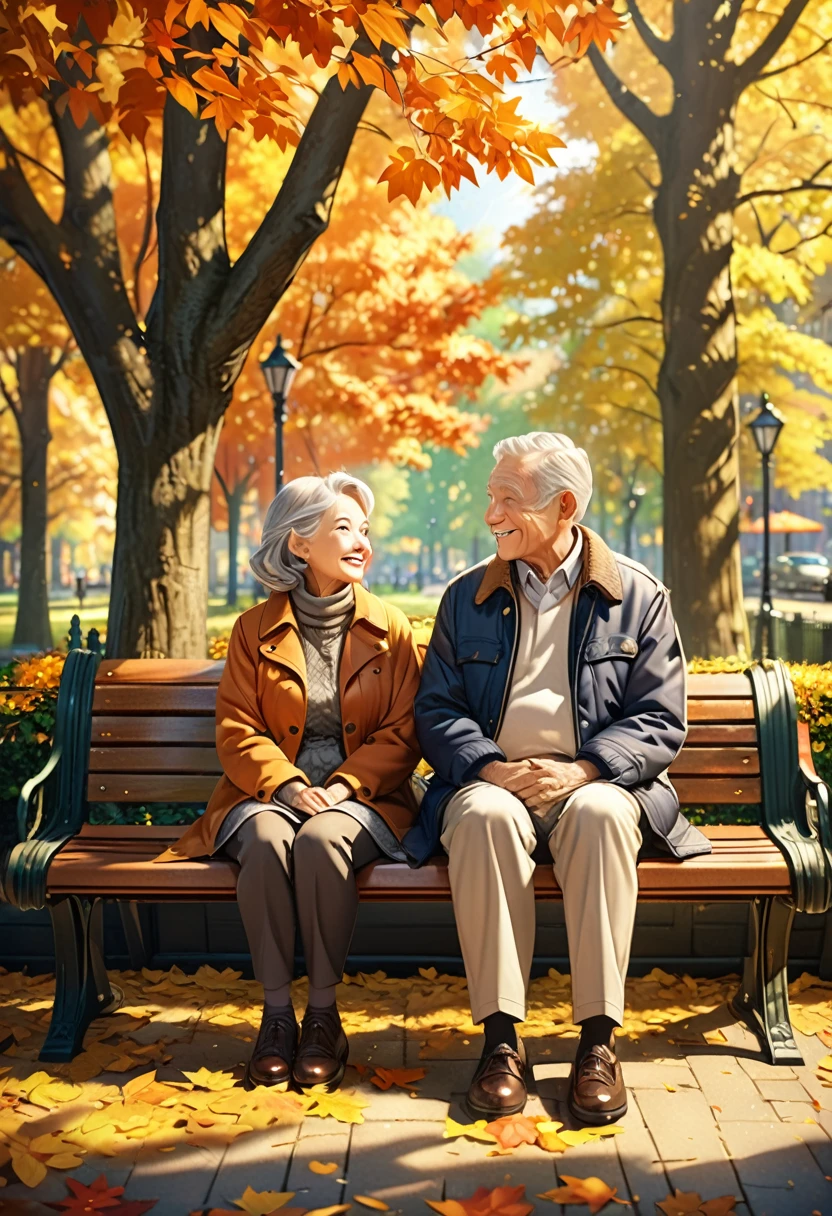 a happy elderly couple sitting on a park bench in an autumn city, sunlight filtering through the trees, detailed face, detailed clothing, extremely detailed eyes and face, detailed park bench, detailed autumn foliage, warm lighting, vibrant colors, highly detailed, photorealistic, 8k, masterpiece