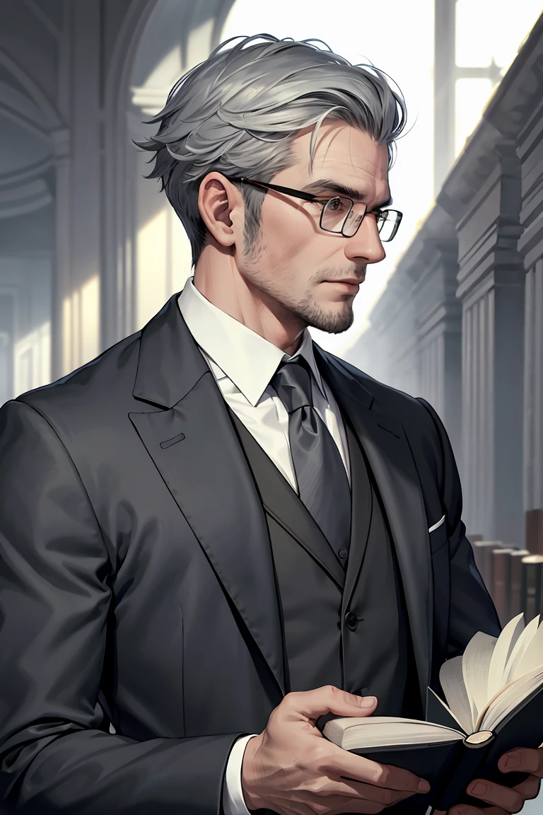 profile, upper body, from, ((masterpiece)), best quality, extremely detailed face, correct exposure, perfect lighting, depth of view, ((formal grey suit, grey vest,)), man, black styled back hair, relaxed face, young man, book in hands, lecture hall background, black eyes, square glasses, daylight