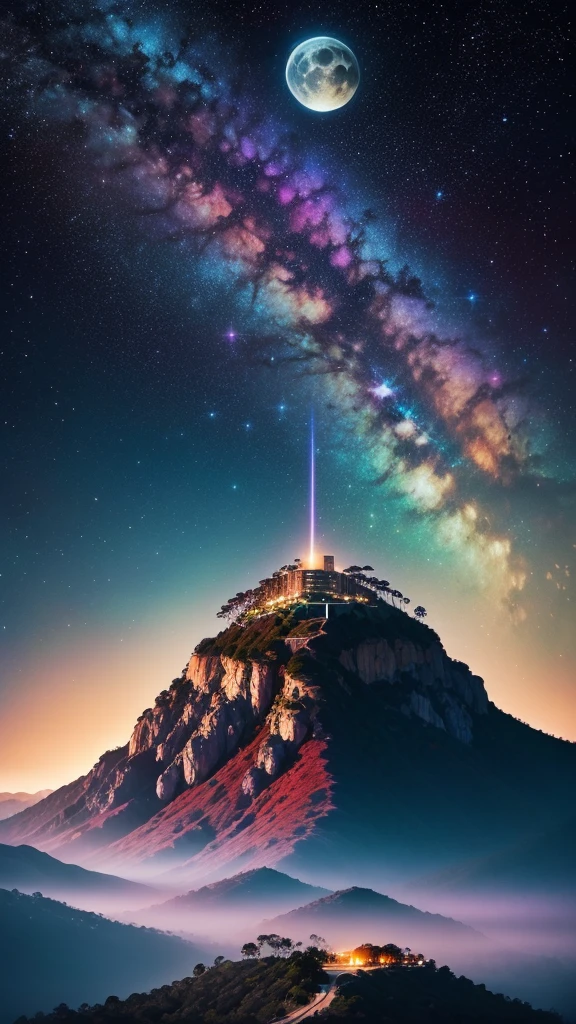 Create an album cover "Cosmic Rhythm" The awe-inspiring beauty of nature and the mystique of the universe come together. Majestic Mountain々meets the vast ocean、Imagine the surreal landscapes of California。, Starry Sky. In the foreground a towering tree々It is depicted, The leaves sparkle like stardust. Use a dark color palette, A rich tone like deep blue, purple, Black, The vivid brightness of celestial bodies stands out. In the sky, Constellations form musical notes and rhythms, Suggesting cosmic influences on music. Surrounded by hills, See the iconic Hollywood sign, Subtly illuminated by the mysterious light of the moon. The scene should evoke a sense of wonder and reflection., The grandeur of California's natural beauty meets the infinite mystery of the universe. Add elements like floating instruments and abstract waveforms that seem to pulse with cosmic energy., Highlight the theme of the album "Cosmic Rhythm."16K, Ultra-high resolution, Ultra-high resolution, to be born,wonderful ,future、Iridescent、The world 30 years from now