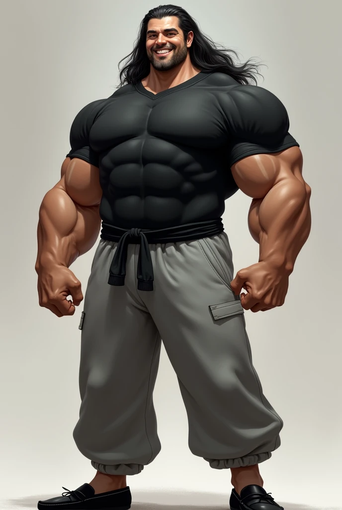 very tall, broad muscular martial artist with long black hair, he is wearing a black top, grey sweatpants and black loafers, clean face, no beard, grinning 