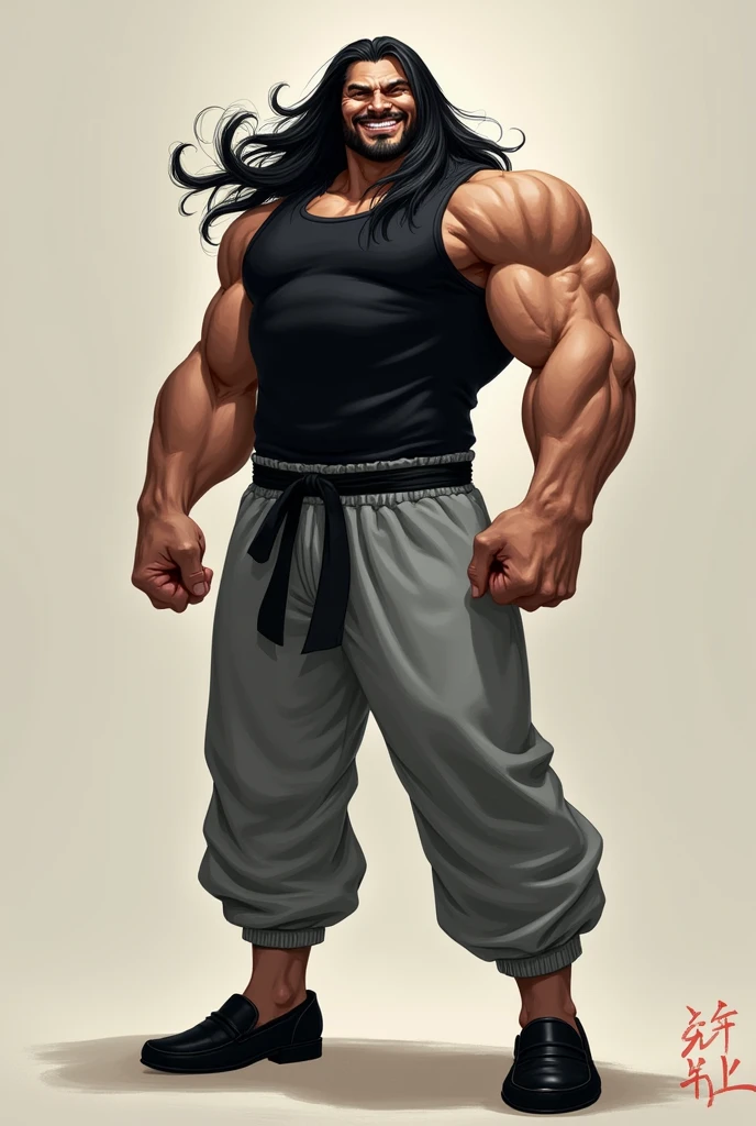 very tall, broad muscular martial artist with long black hair, he is wearing a black top, grey sweatpants and black loafers, clean face, no beard, grinning