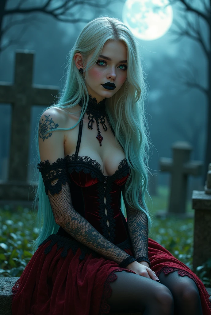 beautiful girl with a very long platinum  blonde hair , blue streaks, green streaks blue eyes, lashes, big glossy lips, highlight and blush on her face,tattoos,piece, black eyeshadow,  black lipstick , wearing Duchess Series Black Red Gothic Rococo Lolita Velvet Fishbone Girdle Beaded Velvet Halter Top Lace Mesh Yarn Trailing Skirt Set , sat on grave , moonlight,  graveyard background 