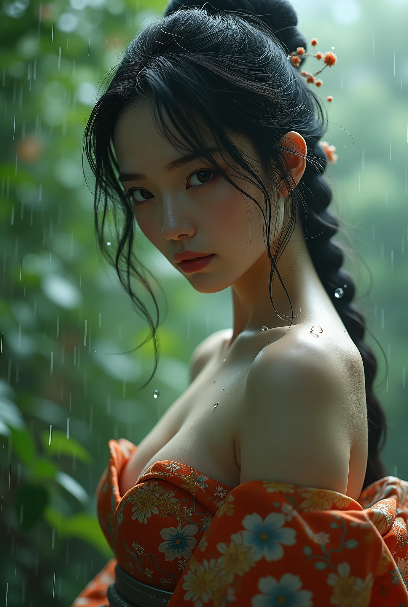 A Japanese woman languishing in the rain、Beauty、kimono、kimono、Large Breasts、valley、sexy、Cute face、30 years old