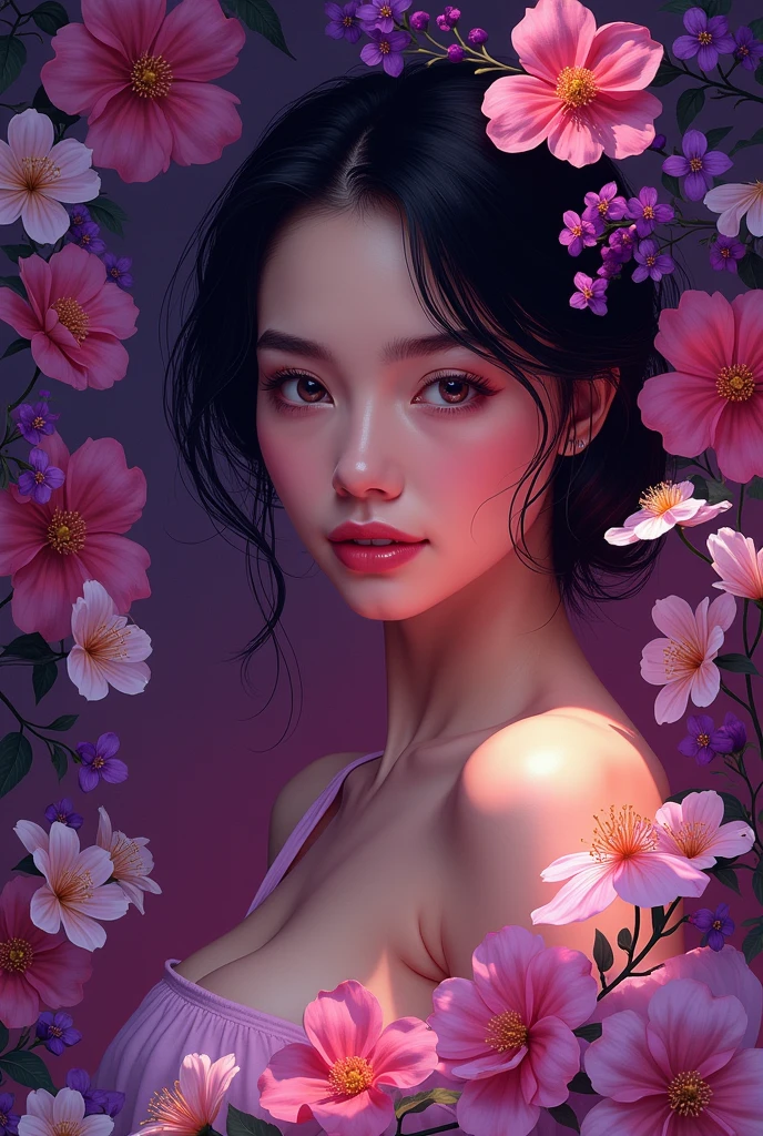 Create me a poster of a creative and attractive woman for launching new perfume in the market. The background needs to be dark hot pink and flowery