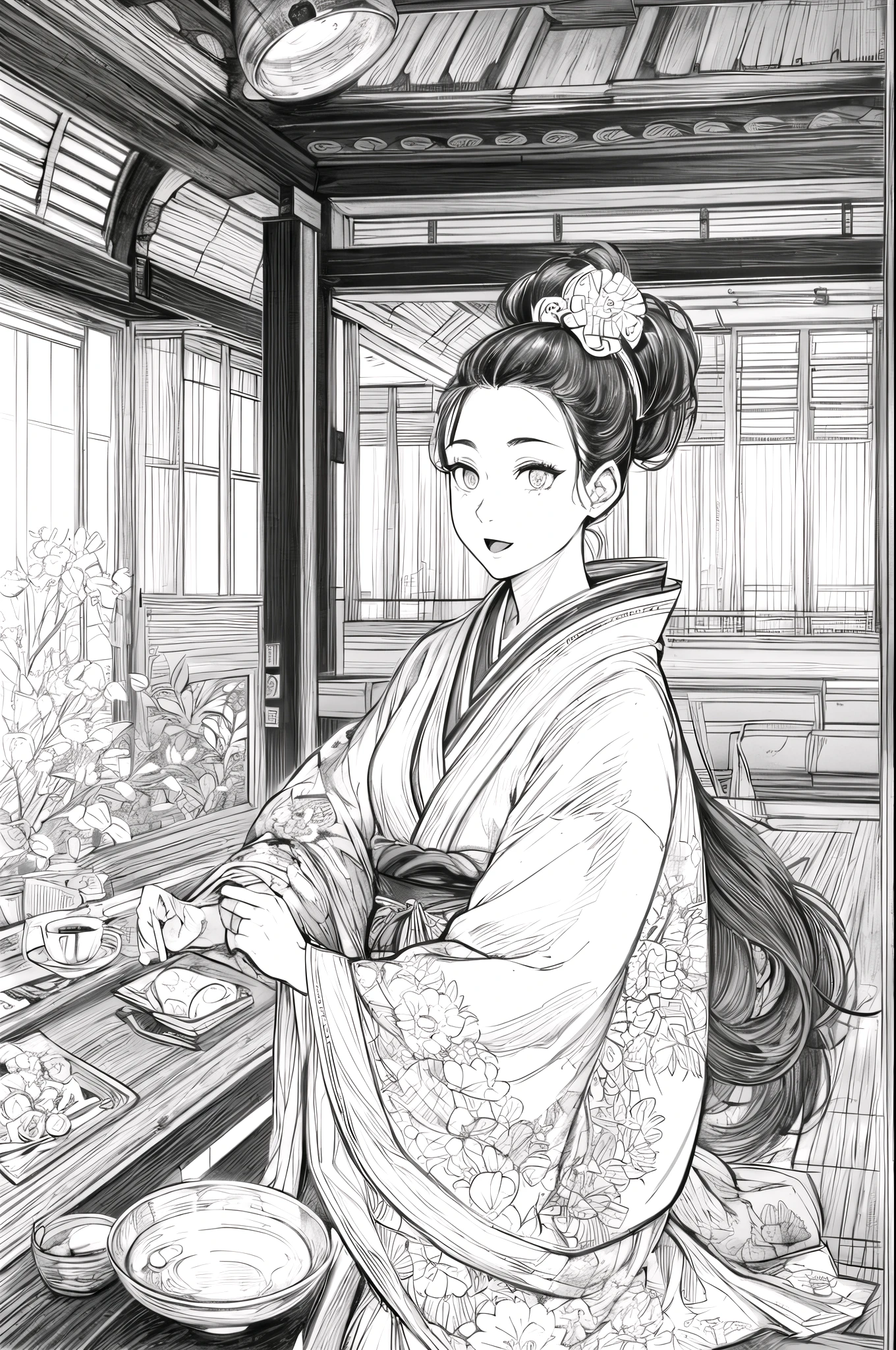 (high contrast, sketch, monochrome, clean line drawings for coloring book:1.3), Depicting a realistic and cute ukiyo-e illustration of a woman in a kimono that conveys Japanese culture. The illustration is a illustration with detailed facial features and cartoon-style visuals. The main hall of the temple can be seen in the background.
