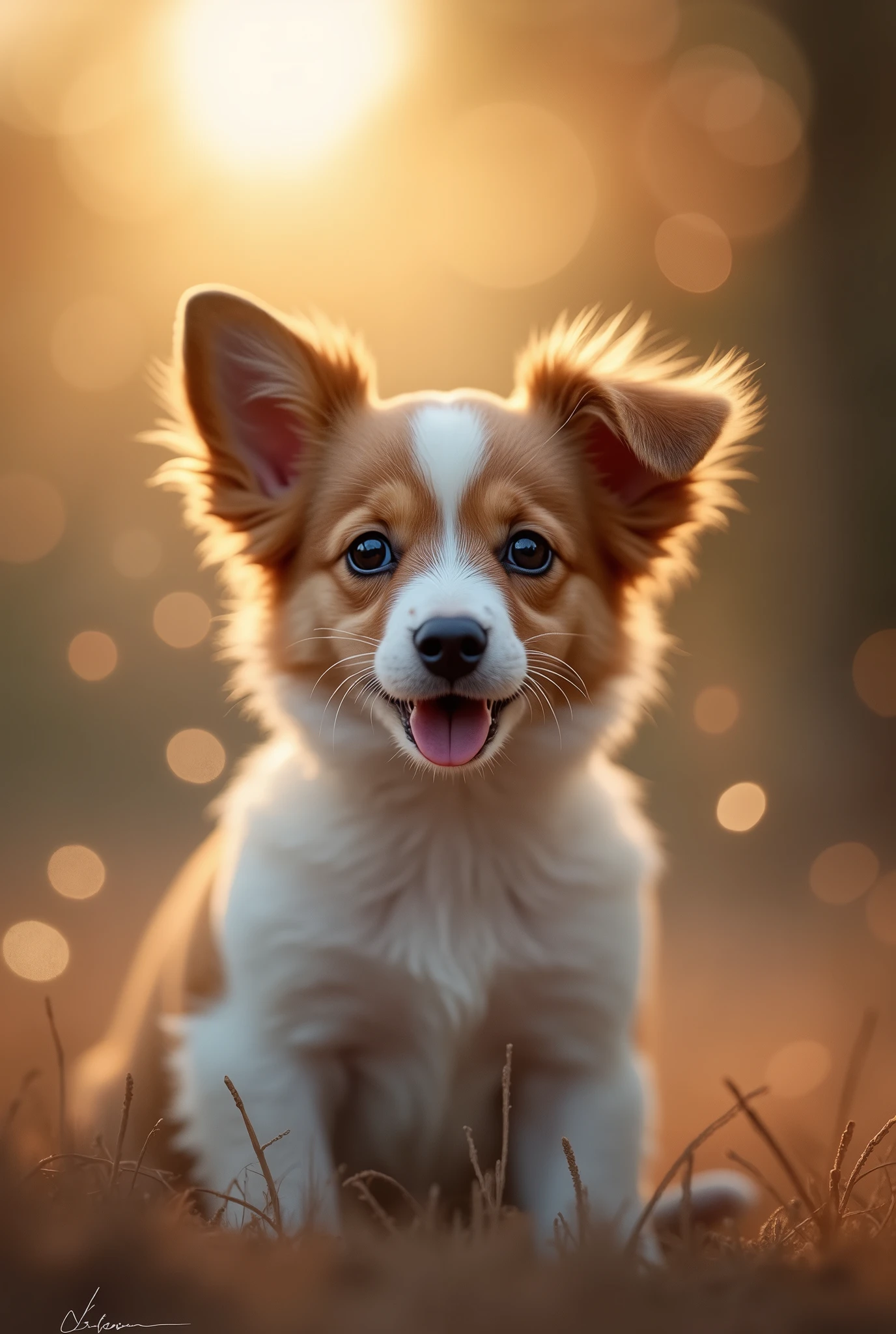 Cute dog、bokeh photography, (soft focus):1.2, out-of-focus highlights, dreamy ambiance, glowing circles, mesmerizing depth、Depth of written boundary