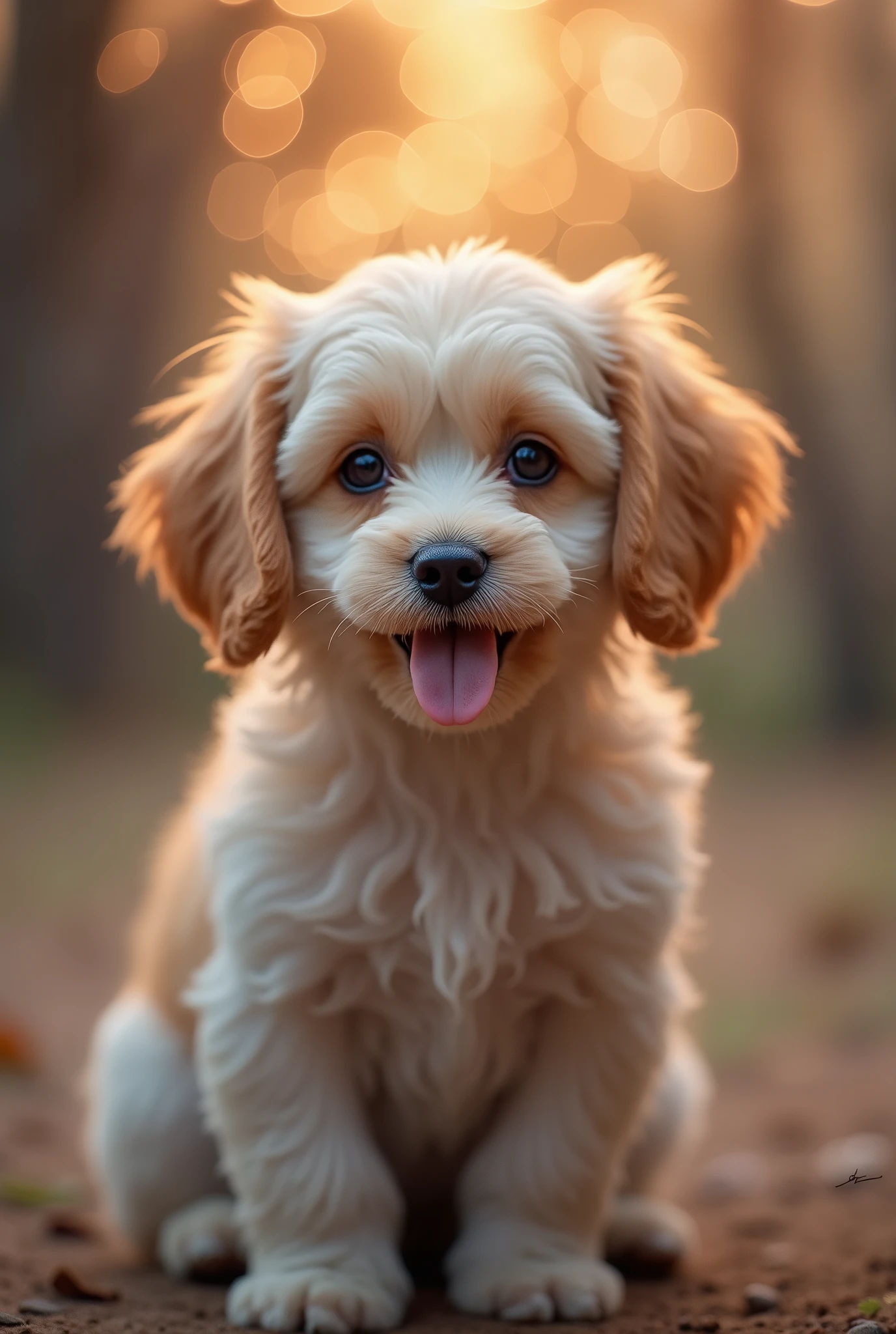 Cute dog、bokeh photography, (soft focus):1.2, out-of-focus highlights, dreamy ambiance, glowing circles, mesmerizing depth、Depth of written boundary