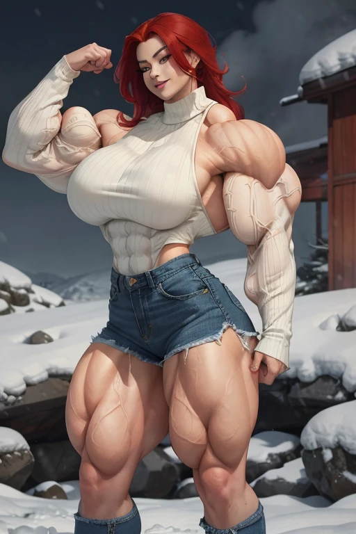 (Close-up), tall, (red hair), beautiful muscular asian woman, long hair, pale white skinned, (black lipstick), closed smile, ((massive muscles)), (hyper muscles), (ginormous bulky muscles), yellow eyes, ((long sleeve red turtleneck sweater and denim shorts)), sneakers, choker, sneakers, (in snowy hills)
