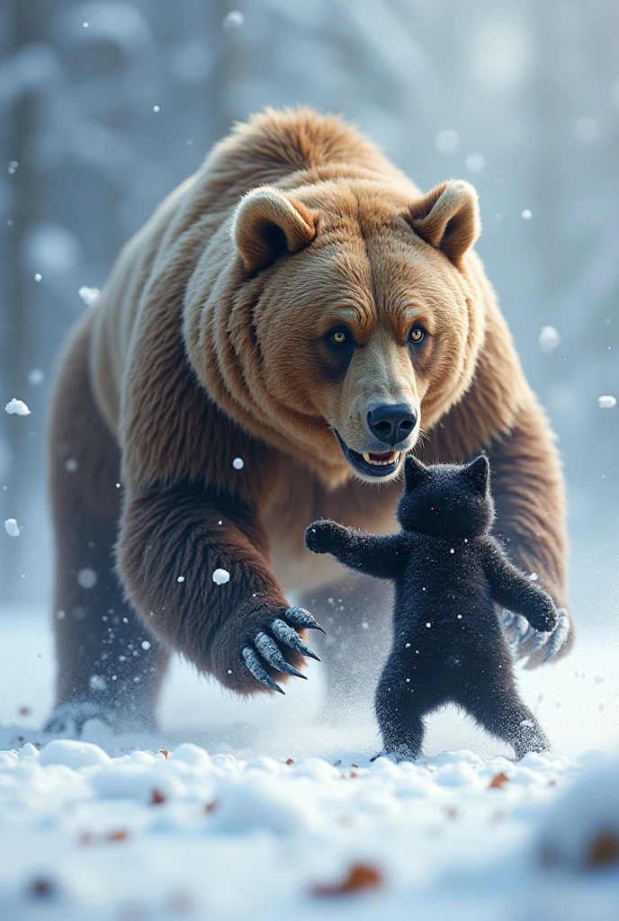Scary brown bear vs cute black kitten、Showdown on the Snow、Rapid deployment、A fierce battle