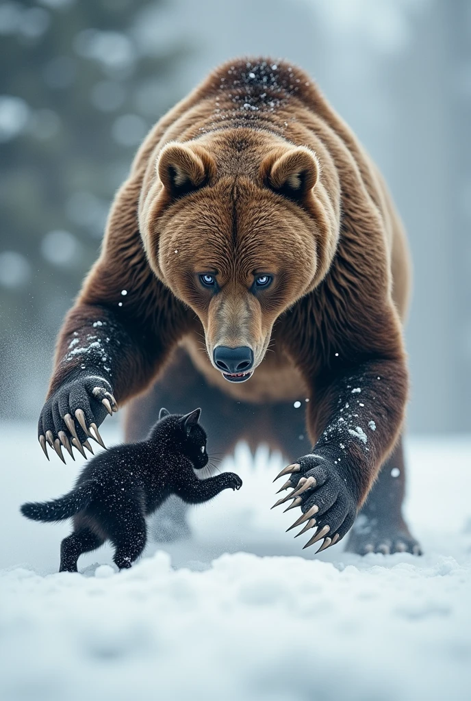 Scary brown bear vs cute black kitten、Showdown on the Snow、Rapid deployment、A fierce battle