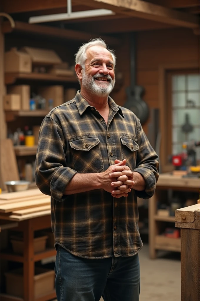 A carpenter folding his hand and happy smile 