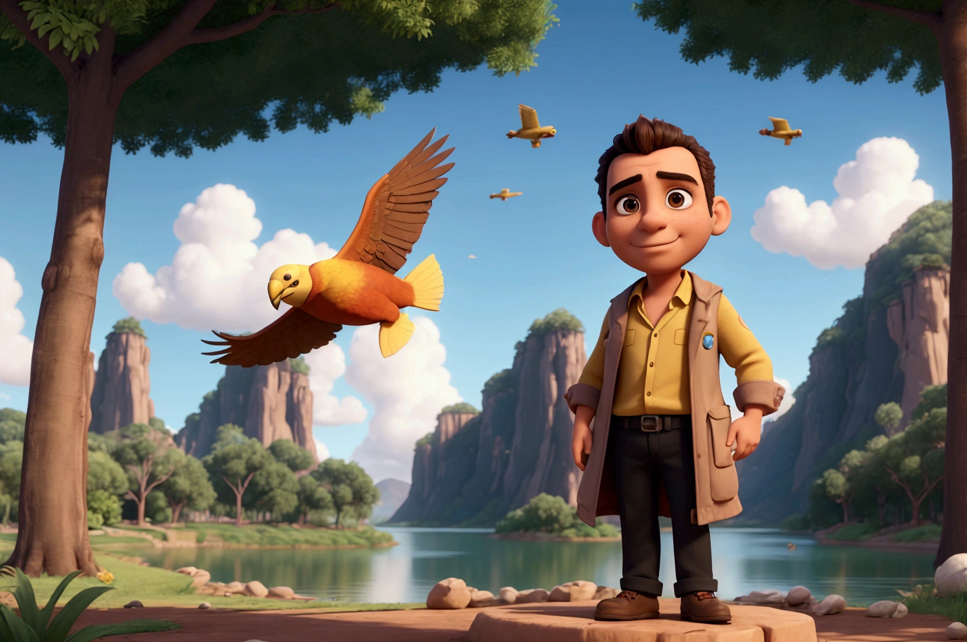 there is a man who is giving an affirmative, Senior 3D Rendering Artist, giving an affirmative, Alejandro Mirabal, affirmative, Rafael, high quality portrait, alex miranda, giving an affirmative, inspired by Alexander Fedosav, portrait photo with matte painting , WITH A PARK AND A LAKE IN THE BACKGROUND AND MACAWS FLYING, survey upwards, photobashing, 8k octane advertising photo, Mário, 8k Quality