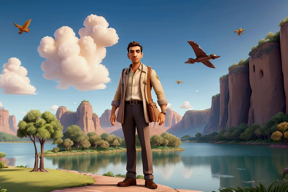 there is a man who is giving an affirmative, Senior 3D Rendering Artist, giving an affirmative, Alejandro Mirabal, affirmative, Rafael, high quality portrait, alex miranda, giving an affirmative, inspired by Alexander Fedosav, portrait photo with matte painting , WITH A PARK AND A LAKE IN THE BACKGROUND AND MACAWS FLYING, survey upwards, photobashing, 8k octane advertising photo, Mário, 8k Quality