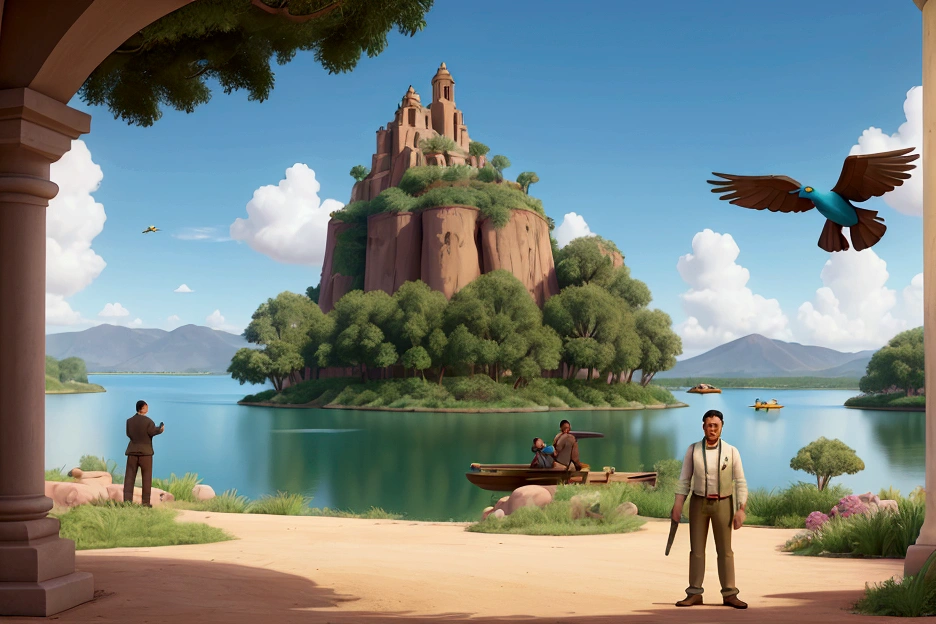 there is a man who is giving an affirmative, Senior 3D Rendering Artist, giving an affirmative, Alejandro Mirabal, affirmative, Rafael, high quality portrait, alex miranda, giving an affirmative, inspired by Alexander Fedosav, portrait photo with matte painting , WITH A PARK AND A LAKE IN THE BACKGROUND AND MACAWS FLYING, survey upwards, photobashing, 8k octane advertising photo, Mário, 8k Quality