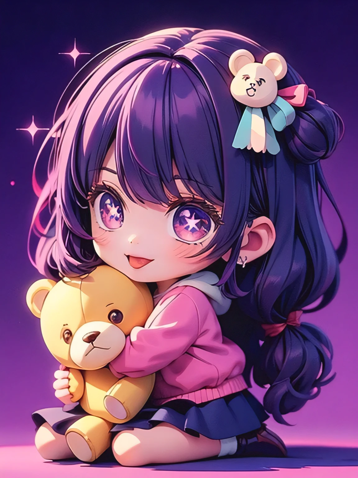 1girl, flat illustration, Hoshino Ai, It's inside a stuffed very cute teddy bear and only its face is showing, tongue out, tongue, (purple hair:1.2), purple eyes, smile, symbol-shaped pupils, star-shaped pupils, hair ornament, hands up, A very cute stuffed brown bear, Chibi, (Super detailed), ((masterpiece, best quality, high resolution))