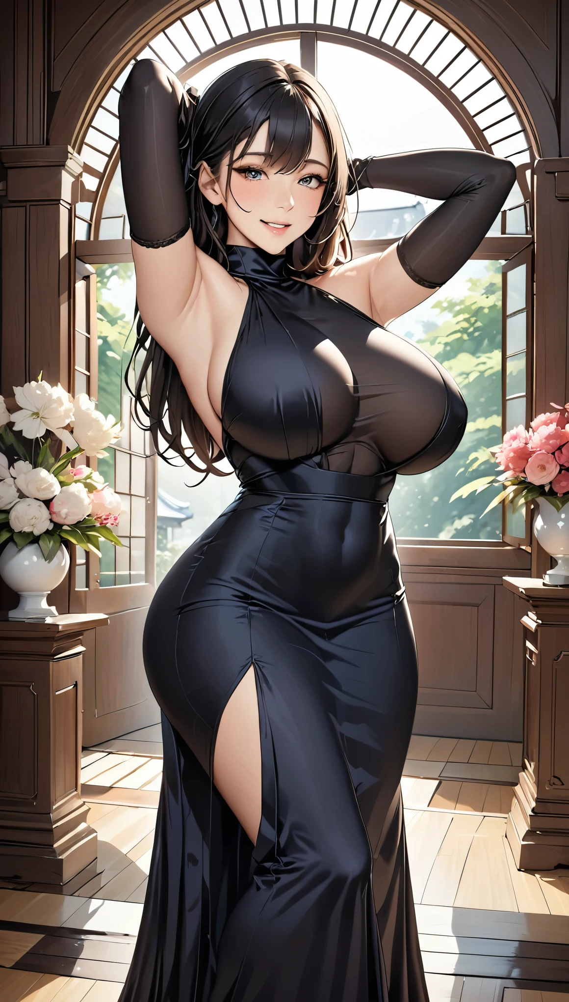 (masterpiece,Highest quality,Ultra-high resolution),Japanese women,Smiling, (((A very beautiful 2))),Big Breasts、Breast bag、((Black high-neck long dress in satin)),(Tight fit),No sleeve、Satin opera gloves、Satin knee-high socks、Satin has a very strong sheen、Place your arms behind your head