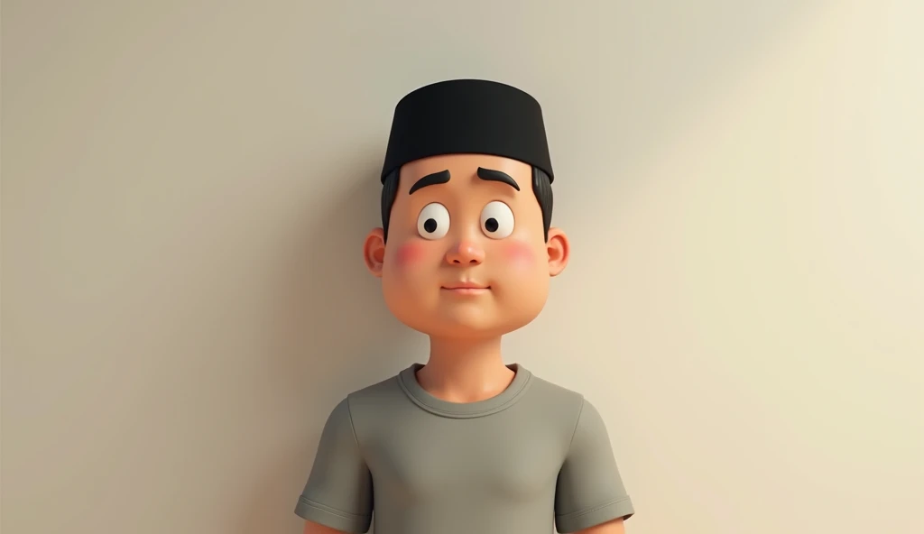 (photorealism:1.2), Create an animated character of a man wearing a black peci (traditional Indonesian cap) and a light gray t-shirt. The character has a round face, short black hair, and a medium skin tone with visible facial texture. The expression should be calm and neutral, with the character facing directly forward, seated against a plain light-colored wall. The animation style should be realistic, focusing on capturing the facial features and the overall simplicity of the scene, with the character centered in the frame."