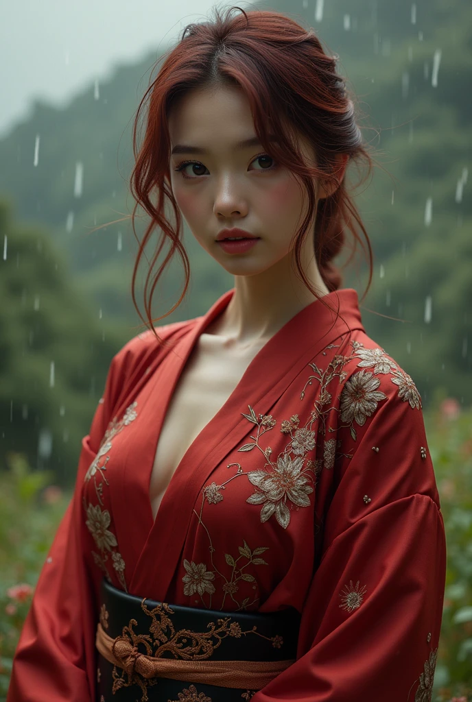 A Japanese woman languishing in the rain、Beauty、kimono、kimono、Large Breasts、valley、sexy、Cute face、30 years old、Wine red hair、Full body shot