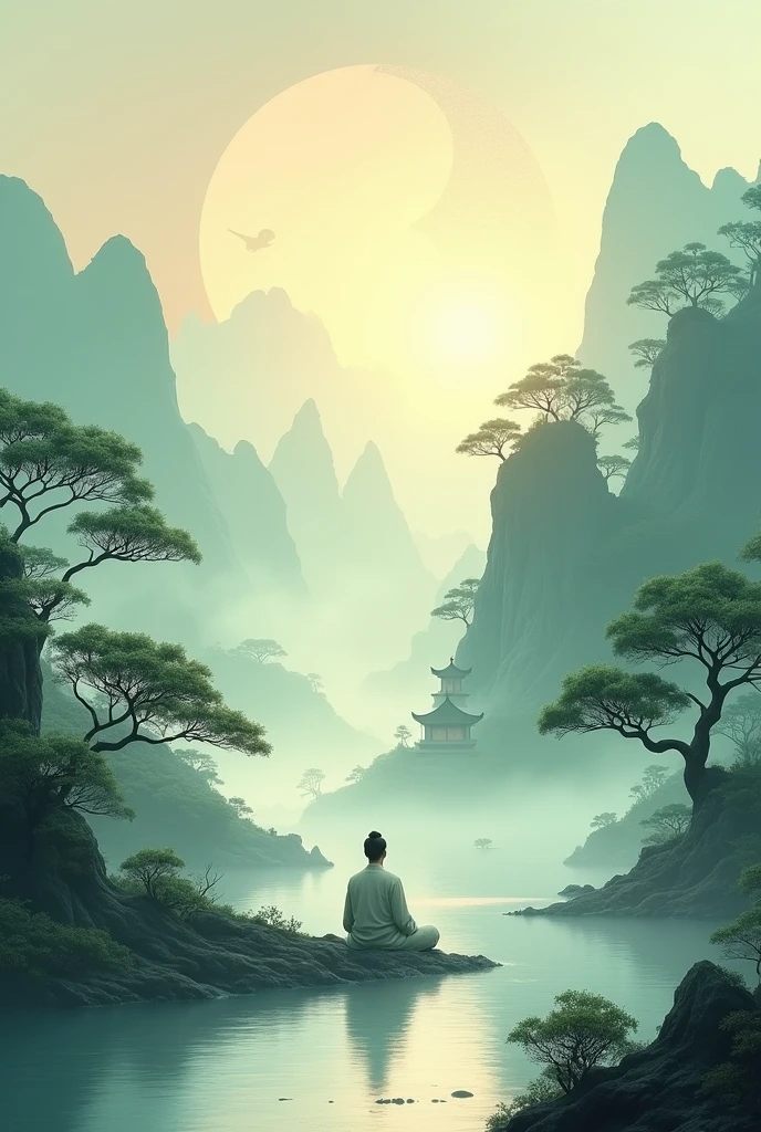 "Create a digital artwork that embodies the essence of Taoism, peace, and harmony, deeply rooted in Chinese culture. The scene should be set in a tranquil, natural environment, such as a misty mountain landscape with flowing rivers and ancient pine trees. A traditional Chinese temple or pagoda should be nestled harmoniously within the landscape. Incorporate Taoist symbols, like the Yin-Yang, subtly into the scenery, perhaps in the patterns of the clouds or water. The image should evoke a sense of balance and serenity, with soft, natural colors like jade green, soft gold, and gentle blues. Traditional Chinese elements, such as a scholar meditating or practicing Tai Chi near the water, should be included to enhance the cultural depth. The overall mood should be peaceful and reflective, inviting viewers to feel the calm and balance central to Taoist philosophy."