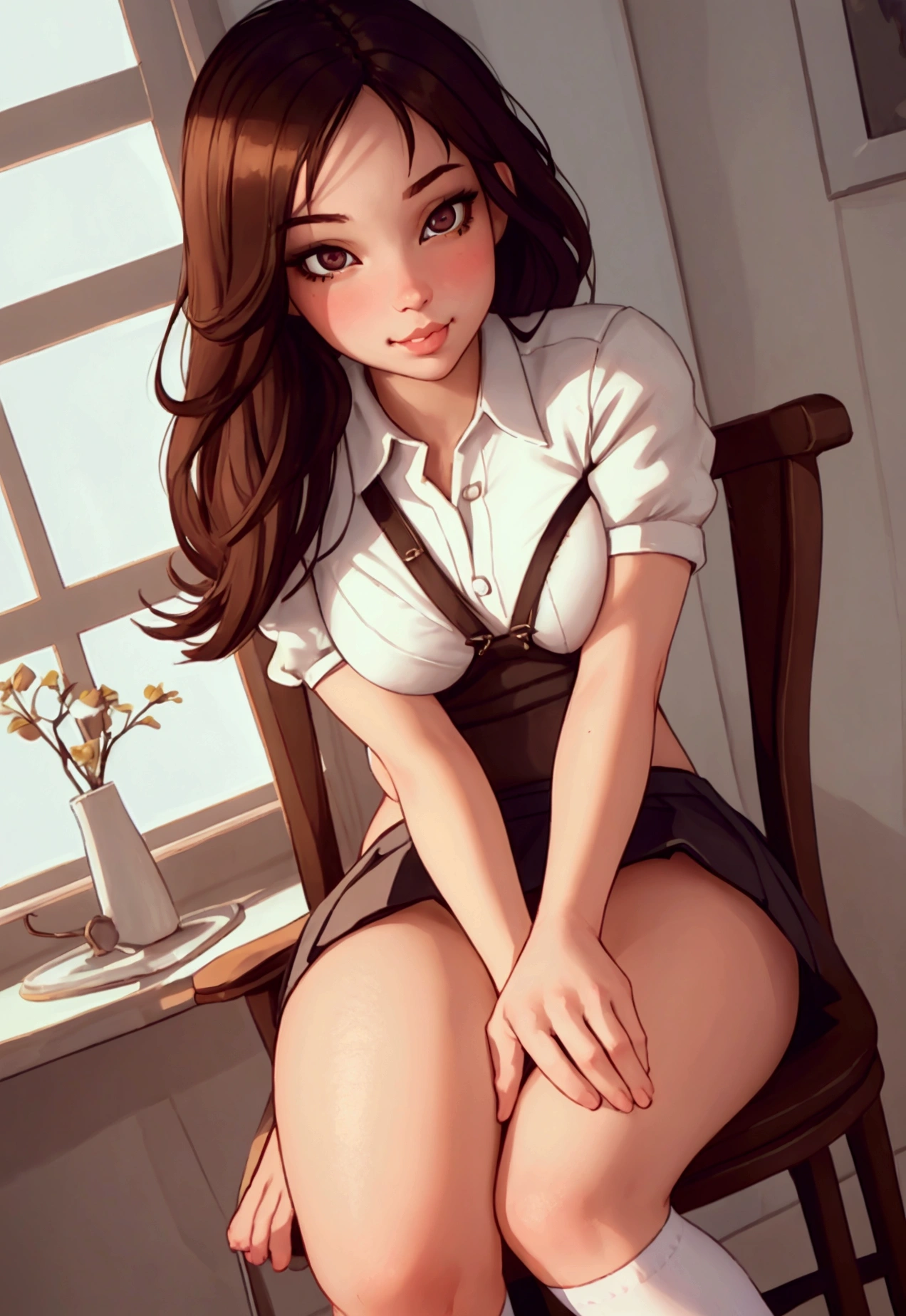 1 woman, sitting on chair with her feet up, mini skirt, white socks, showing panties, looking down at you with smirk, extremely detailed face, detailed eyes and lips, photorealistic, cinematic lighting, masterpiece, 8k, high quality, intricate details
