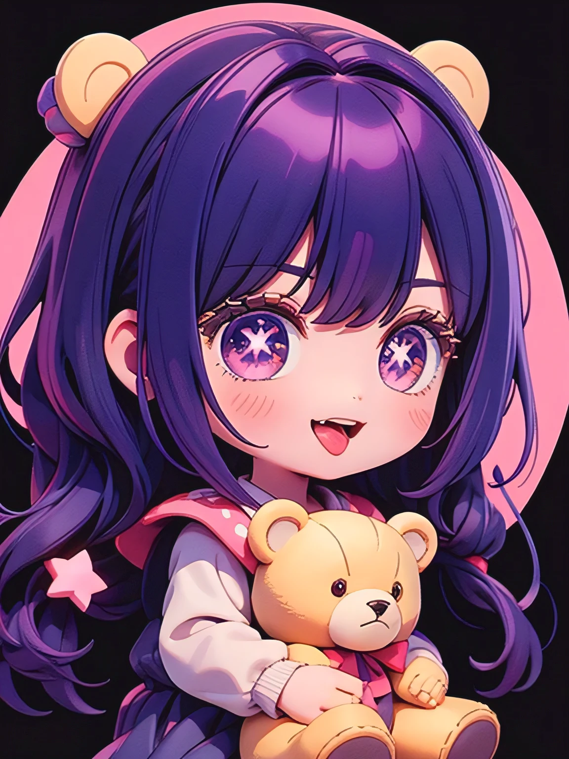 1girl, flat illustration, Hoshino Ai, It's inside a stuffed very cute teddy bear and only its face is showing, tongue out, tongue, (purple hair:1.2), purple eyes, smile, symbol-shaped pupils, star-shaped pupils, hair ornament, hands up, A very cute stuffed brown bear, Chibi, (Super detailed), ((masterpiece, best quality, high resolution))