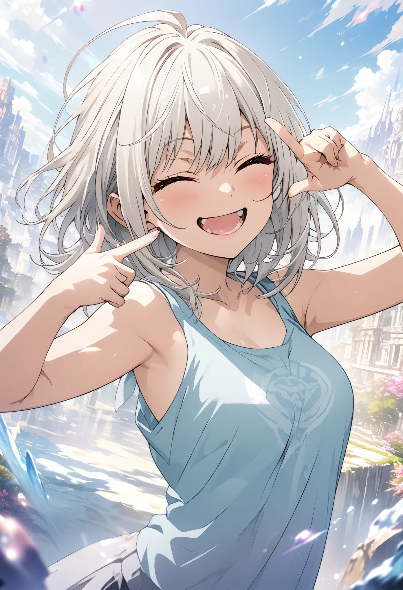 masterpiece, Highest quality, Highly detailed CG Unity 8K wallpapers, High School Girl Anime Illustration. Wear an oversized tank top、Finger gun pose、she has her eyes closed and mouth open, smile. The background is a light pastel colored landscape., white hair color, Yellow Eyes, Deep depth of field