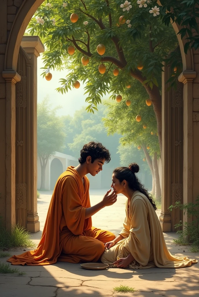 It is spring time in the old city of mathura in 3rd century BC. A young monk dressed in sage clothes is walking out of the city gates of Mathura and the streets are lonely.Trees are filled with blossom flowers and koels are sitting on the trees.Outside the city gates a mango groove is there. Under that tree, a woman is sitting and she is having small pox and looks ugly. The young monk sat down and placed the womann’s face on his lap and moistened her lips with water.