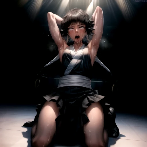 (masterpiece), (best quality), (beautiful eyes and face), (perfect female body), (shiny skin),
looking at viewer,
1girl, solo, sui-feng, black hair, short hair, short hair with long locks, grey eyes,
small breasts,
black kimono, sleeveless, white sash, black hakama skirt, (long skirt:1.2),
smile,
sitting, indian style,
tatami, Japanese Clothing, full body, kneeling,(muscle 1.4),- Hip vents, Perfect body proportions,No underwear,short hair, Small Breasts, No eyeballs, Also available in black, low twin braids,Facing the audience, looking at the audience, tired, from below, (Exposed armpit:1.1), ((armpit:1.2)), Sweating, More and more sweat,(ahegao), (Roll your eyes), open mouth, Sticking out tongue, saliva, Slobber,Skinny, raise arms, (arms above head:1.5), runny nose, drooling.