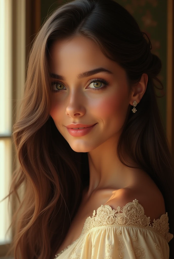 (photorealism : 1.2), visage , lovely woman, long straight brown hair, green eyes, le regard fix vers la camera, inside, day lighting  , visage avec un sourir, Italian type, Realistic and intricate details , warm colors, de Greg Rutkowski, d'Alphonse Mucha