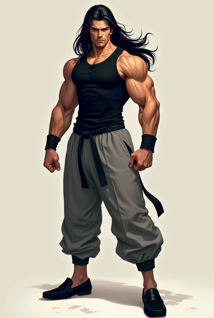 tall, muscular martial artist with long black hair, he is wearing a black top, grey sweatpants and black loafers, no beard