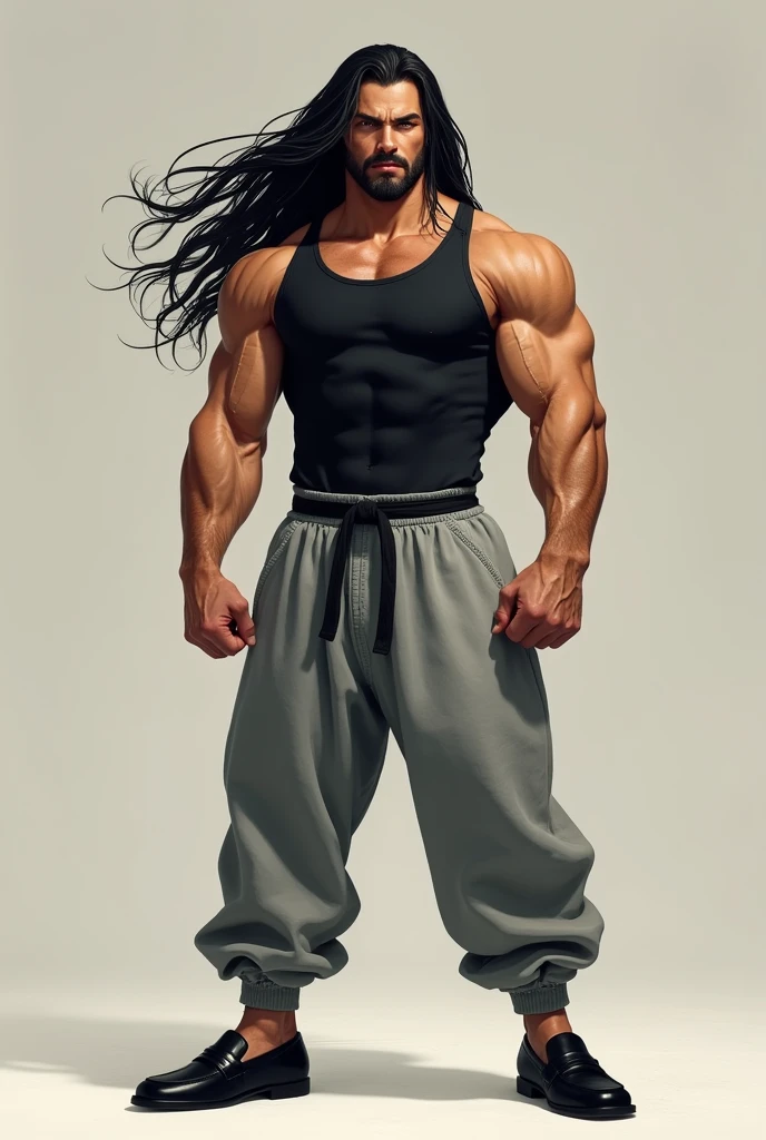 tall, muscular martial artist with long black hair, he is wearing a black top, grey sweatpants and black loafers, no beard