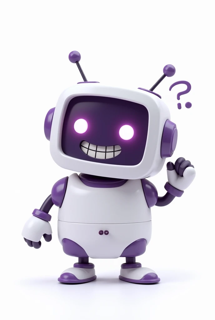 cute white and purple robot, with square head and antennas, Grinning, having an idea, in 3d cartoon format with transparent background