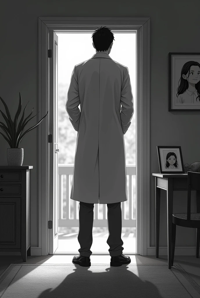 An adult man stands with his back turned, wearing a scientist outfit, is leaving a room through an open door. On a table in the living room, there is only a small picture frame with a picture of a child who is a beautiful , very happy, she is facing forward and is smiling and showing her teeth and with her eyes closed, she has long dark hair. The scientist is not looking at the picture, just walking away through the living room door, while the reader can see both, the scientist and the picture frame. The image must be in anime style/Black and white manga