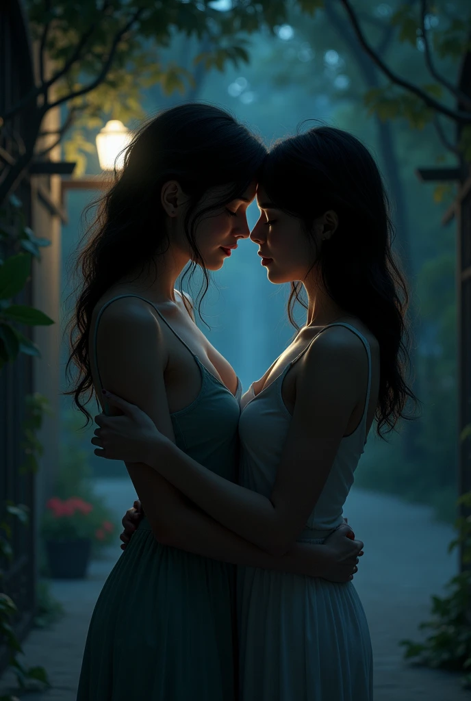 Two women hugging alone at night 