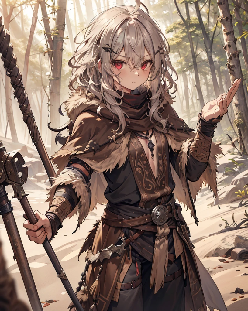 masterpiece, 1 person, Sparrow, Silver-haired man, Dressed in barbarian clothing, Curly medium hair, Messy Hair, The body is slim, Wearing a brown fur capelet, He closed her left eye., Shirt decoration, Serious expression, Red eyes, Standing in the forest, Ahoge,