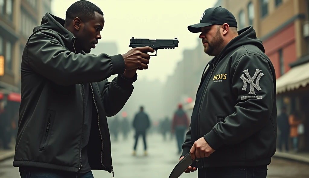 Large, strong uniformed police officer pointing a pistol at a shirtless, lean, muscular mixed race man, just in white underwear and flip-flops, with your hands on your head.