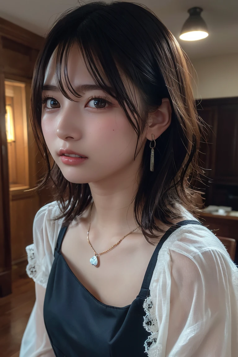 (Highest quality:1.4),(masterpiece:1.4),(Realistic:1.4),(Realistic:1.2),(超High resolution, RAW Photos:1.4),(High resolution, Ultra-detailed:1.2),(8k:1.2),View your viewers,Cinematic photography,One person,skeletally correct,Black-haired woman,Woman in her early 20s,(Small earrings,necklace,Brown dress with voluminous sleeves),(Western-style building interior,Dimly lit room,The lamplight shines on my cheeks)