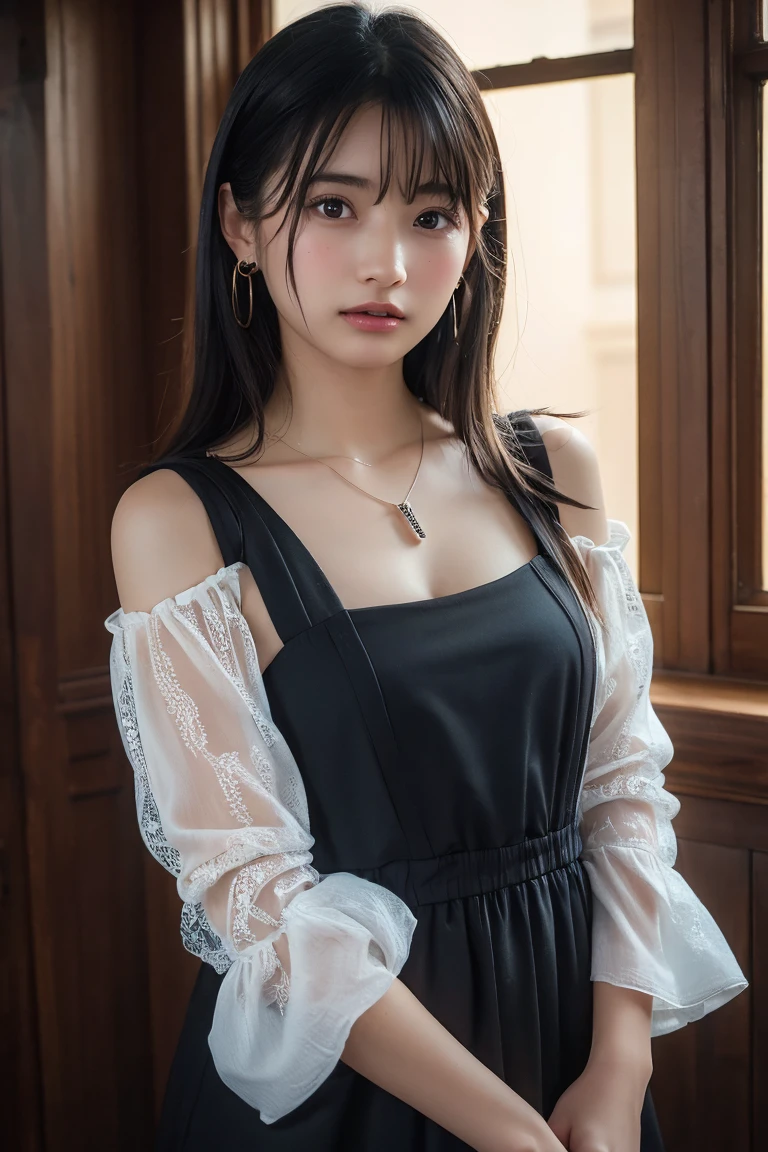 (Highest quality:1.4),(masterpiece:1.4),(Realistic:1.4),(Realistic:1.2),(超High resolution, RAW Photos:1.4),(High resolution, Ultra-detailed:1.2),(8k:1.2),View your viewers,Cinematic photography,One person,skeletally correct,Black-haired woman,Woman in her early 20s,(Small earrings,necklace,Brown dress with voluminous sleeves),(Western-style building interior,Dimly lit room,The lamplight shines on my cheeks)