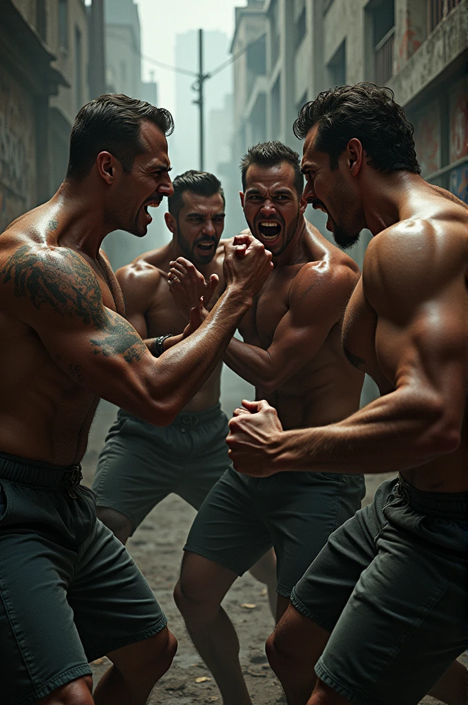 We need an image in which four  are fighting with each other loudly. We need a high quality image.