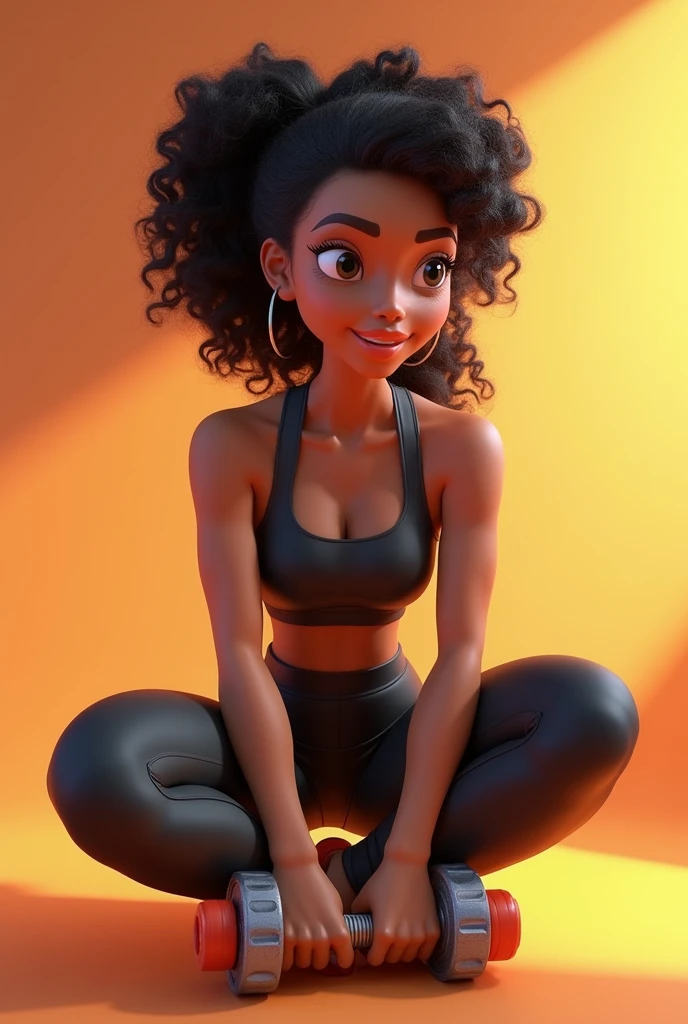 pixar 3d drawing of a black brazilian woman, full body curly hair, tied ponytail with gym clothes SITTING HOLDING WEIGHT 