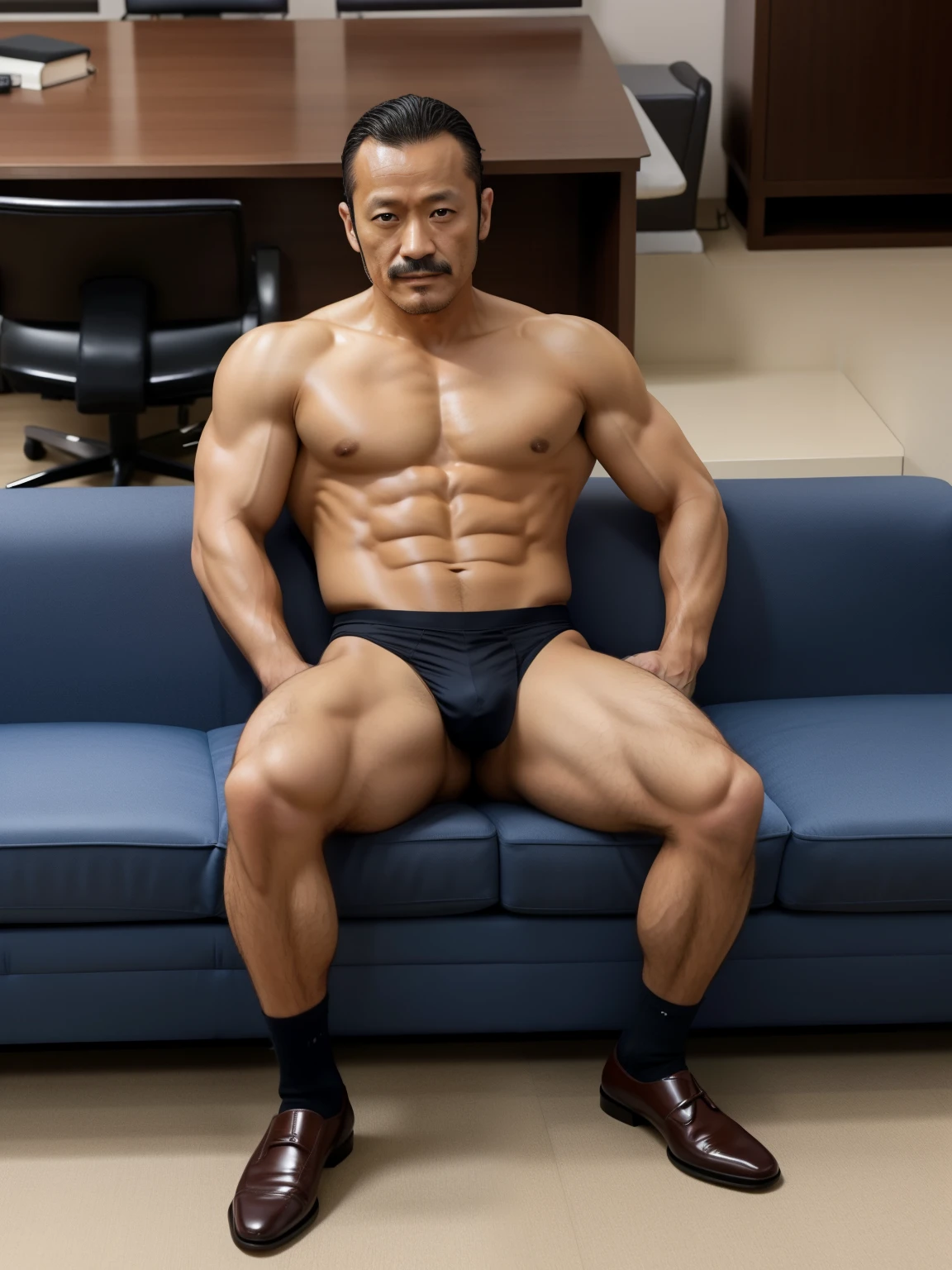 40 years old,Hidetoshi Nakata,(Kogoro Mori 1.3),whole body,Lean,muscle,office,black,foot,Suit,foot抬起,sofa,Baldhead ,transparent,Thick body hair,underwear,Topless,Densely hairy,Fortitude,HD,With a mustache