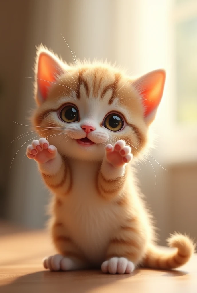 Realistic cute kitten spreads her arms for a hug. Blur background .