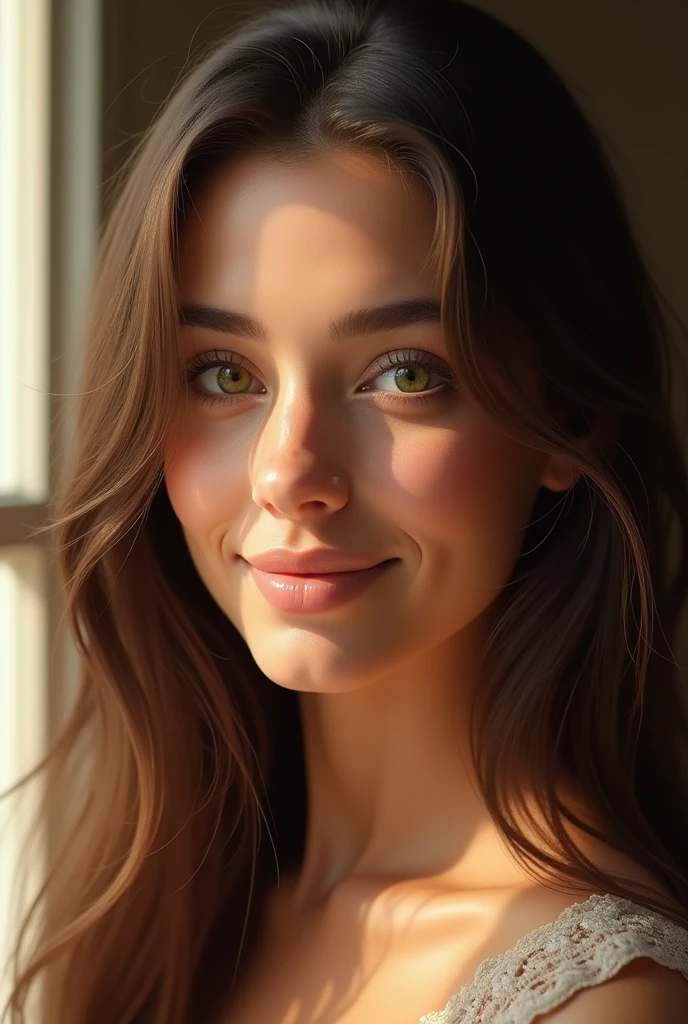 (photorealism : 1.2), visage , lovely woman, long straight brown hair, green eyes, le regard fix vers la camera, inside, day lighting , visage avec un sourir, Italian type, Realistic and intricate details , warm colors,